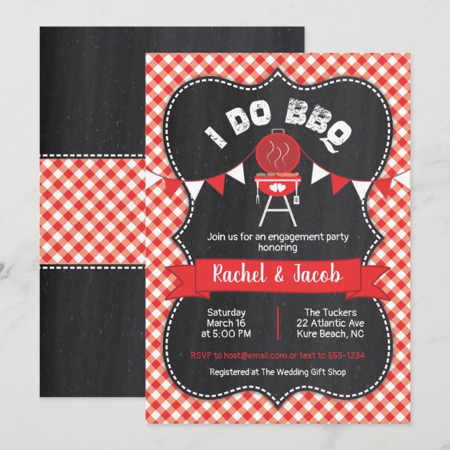 I DO BBQ Couples Shower Red Gingham on Chalkboard Invitation (Front/Back)