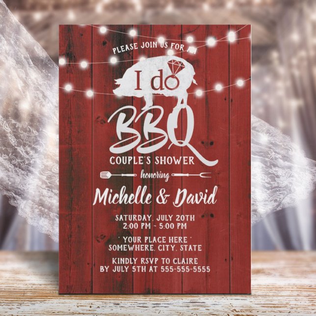 I DO BBQ Couples Shower Rustic Red Barn Wood Invitation (Creator Uploaded)