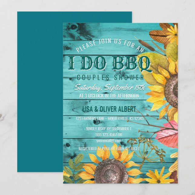I Do BBQ Couples Shower Rustic Sunflowers Wood Invitation (Front/Back)