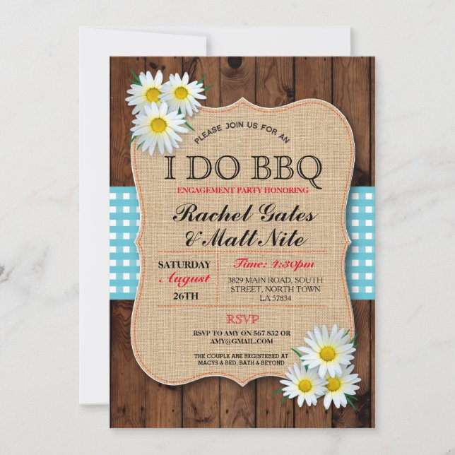 I DO BBQ Couples Shower Wood Daisy Flower Invite (Front)