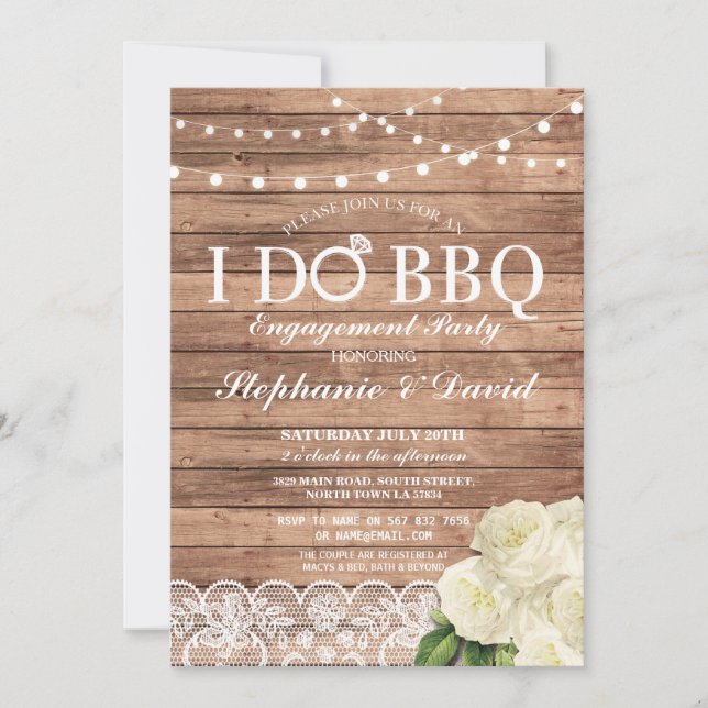 I DO BBQ Engagement Lace Lights Wood Panels Invite (Front)