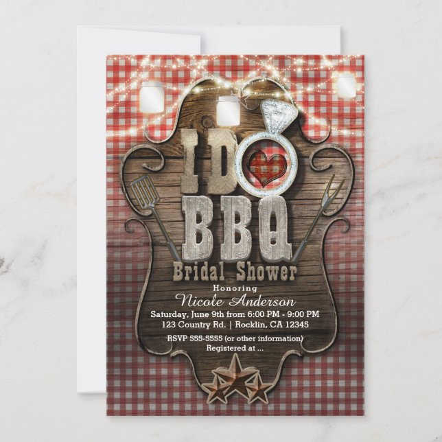 I DO BBQ Gingham Rustic Mason Jars BRIDAL SHOWER Invitation (Front)