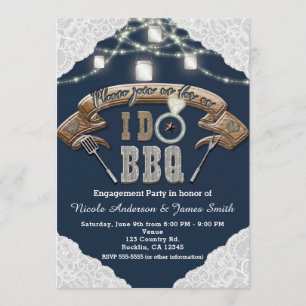 I DO BBQ Mason Jar Lights Lace Blue Engagement Invitation