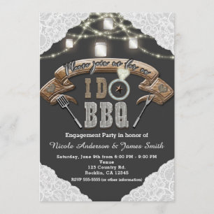 I DO BBQ Mason Jar Lights & Lace Grey Engagement Invitation