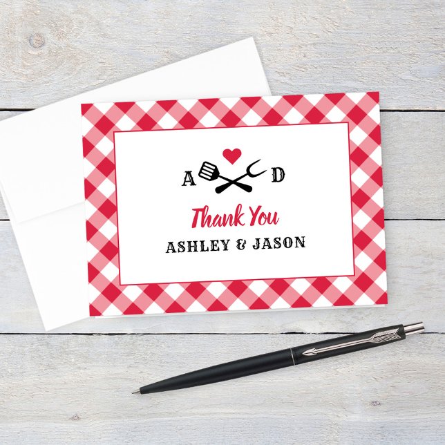 I Do BBQ Monogram Red Gingham Wedding Thank You Card (Creator Uploaded)