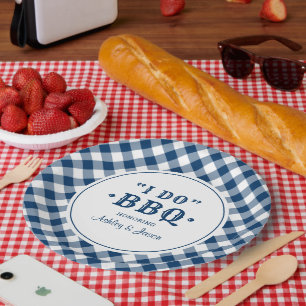 I Do BBQ Navy Gingham Custom Wedding Monogram Paper Plate