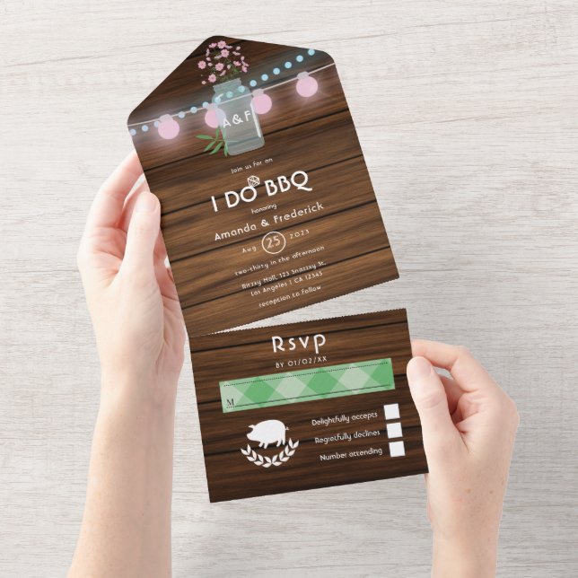 I DO BBQ Pink and Blue Cosmos Rustic Wedding All In One Invitation (Tearaway)