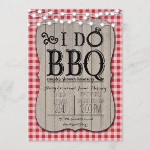 I Do BBQ Red Gingham Couples Shower in Wood Invitation