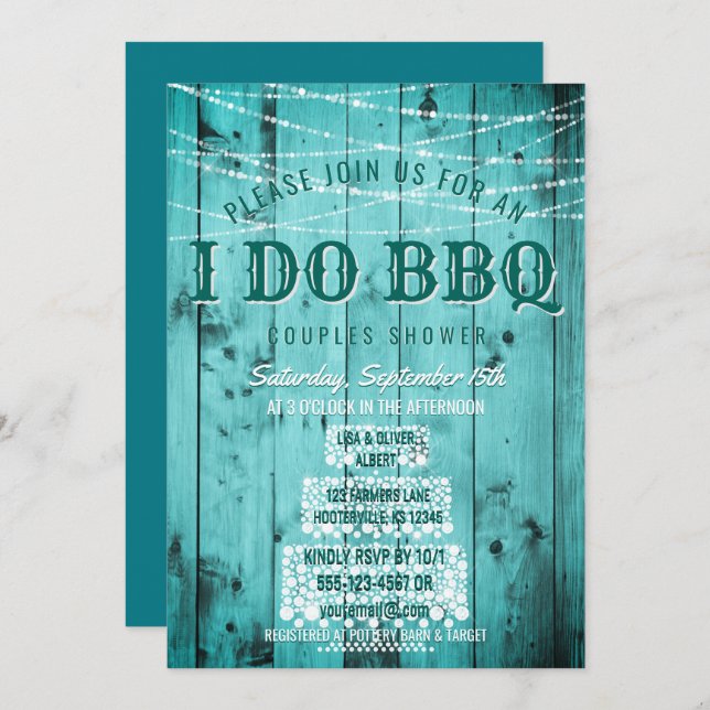 I Do BBQ Rustic Couples Shower String Lights Wood Invitation (Front/Back)