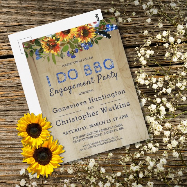 I DO BBQ Rustic Floral Barn Wood Engagement Party Postcard (I DO BBQ Rustic Sunflower Floral Barnwood Engagement Party Invitation Postcard)