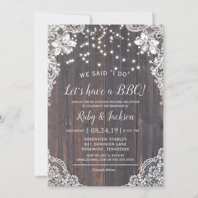 I DO BBQ Rustic Lace & String Lights Reception Invitation (Front)