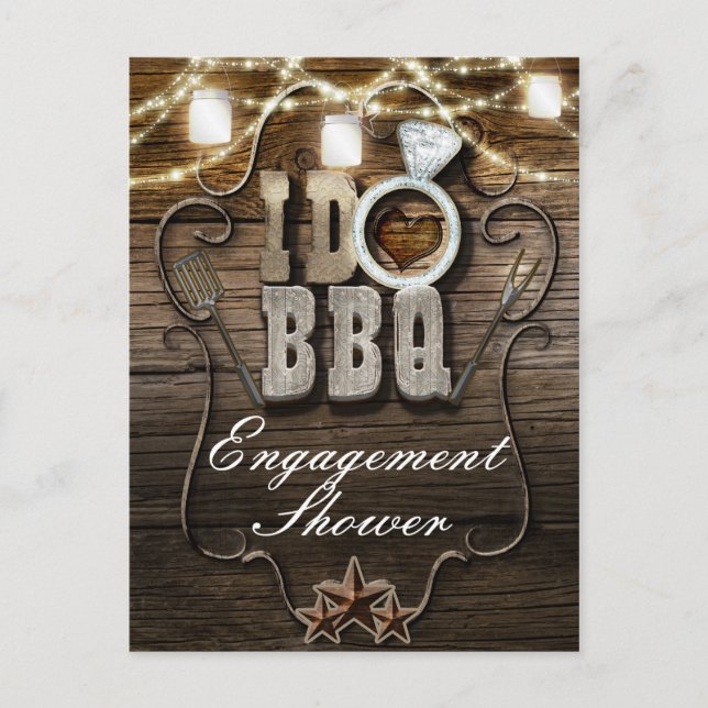 I DO BBQ Rustic Mason Jars Lights Wood Engagement Invitation Postcard (Front)