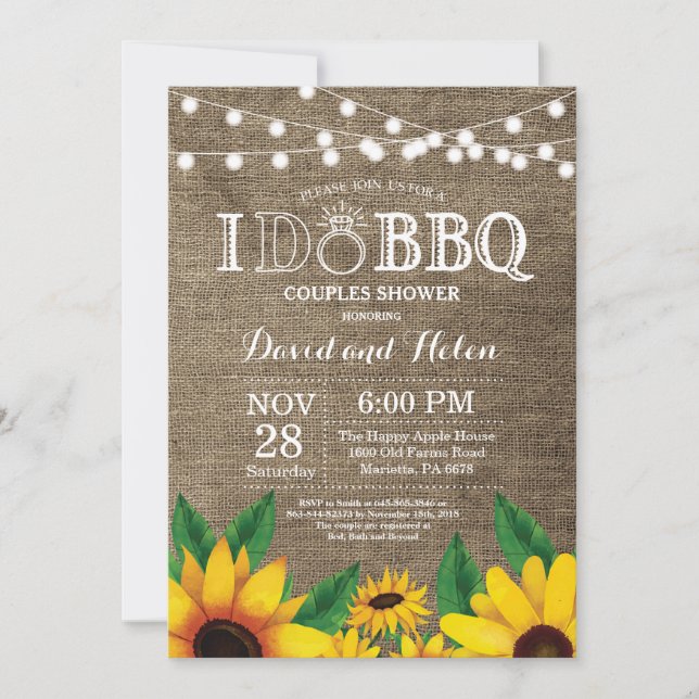 I DO BBQ Sunflower Couples Shower Burlap Invite (Front)