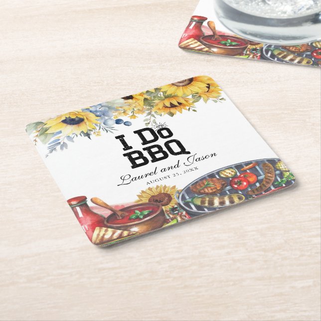 I Do BBQ Sunflower Rustic Engagement Party Square Paper Coaster (Angled)