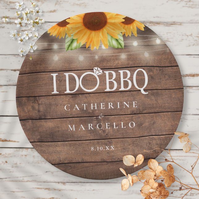 I Do BBQ Sunflower Rustic Wood Engagement Party Paper Plate (Creator Uploaded)