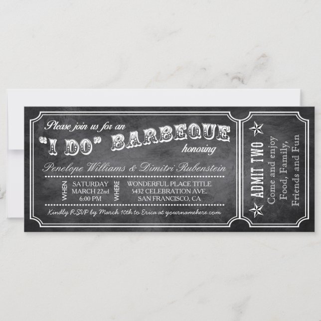 I DO BBQ Vintage Ticket Invitations Chalkboard (Front)