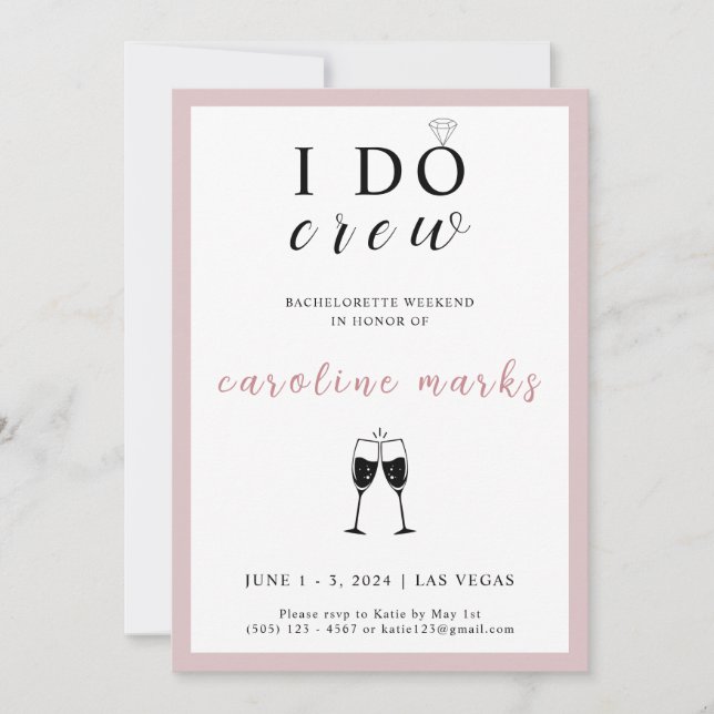 I Do Crew Bachelorette Party Pink and White Invitation (Front)