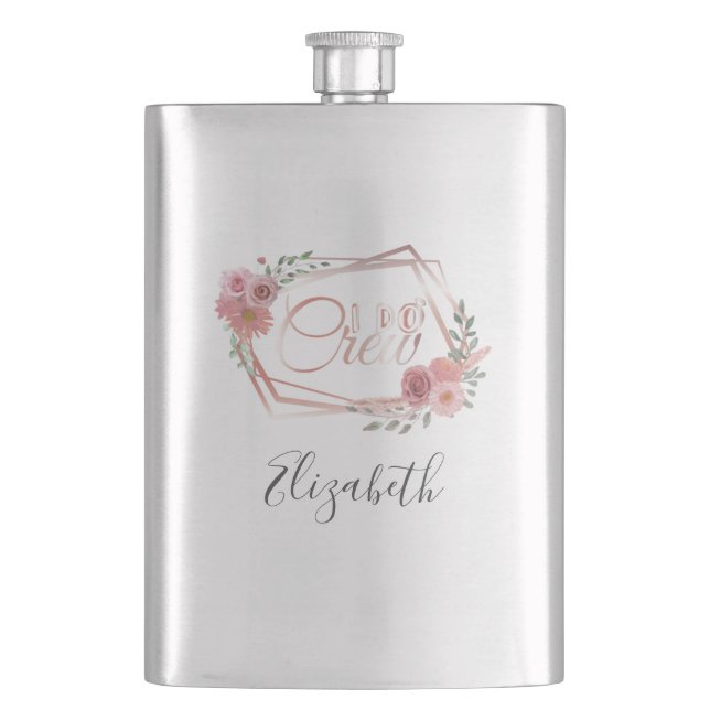 I Do Crew Pink Floral Blush Pink Flowers Greenery Hip Flask (Front)