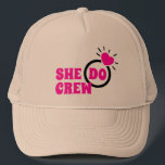 I Do Crew | She Do Crew Bachelorette Bride Goodie  Trucker Hat<br><div class="desc">Retro seventies typography themed bride-to-be bridesmaids girls design for cool bridal shower,  bachelorette spring summer party. Featuring 'She Do Crew' message,  funny bachelorette bride phrase design with pink heart engagement wedding ring. Modern chic retro bachelorette girls design.</div>
