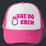 I Do Crew | She Do Crew Bachelorette Goodie Trucker Hat<br><div class="desc">Retro seventies typography themed bride-to-be bridesmaids girls design for cool bridal shower, bachelorette spring summer party. Featuring 'She Do Crew' message, funny bachelorette bride phrase design with pink heart engagement wedding ring. Modern chic retro bachelorette girls design.</div>