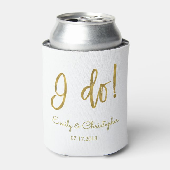 I Do Elegant Script Gold Foil and White Wedding Can Cooler (Can Front)