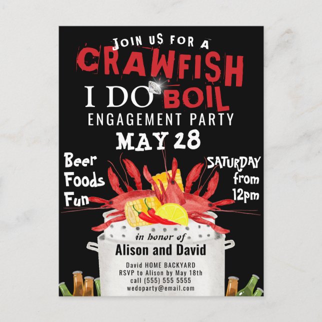 I DO Engagement Crawfish Boil Party Invitation Postcard (Front)