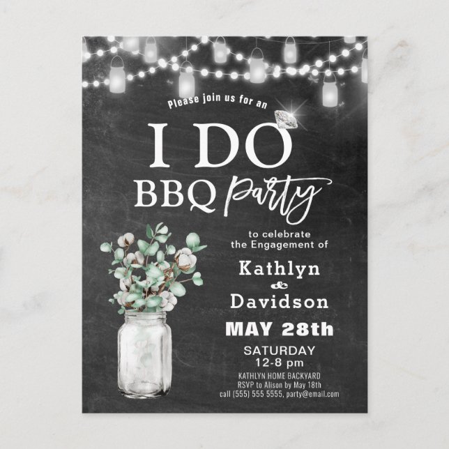 I DO Engagement Eucalyptus Floral Chalkboard BBQ Invitation Postcard (Front)