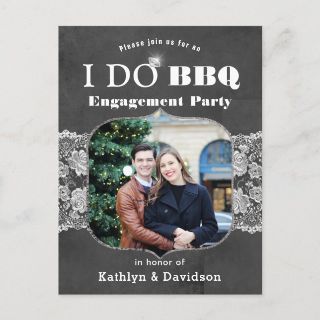 I DO Engagement Photo Elegant Lace Chalkboard BBQ Invitation Postcard (Front)