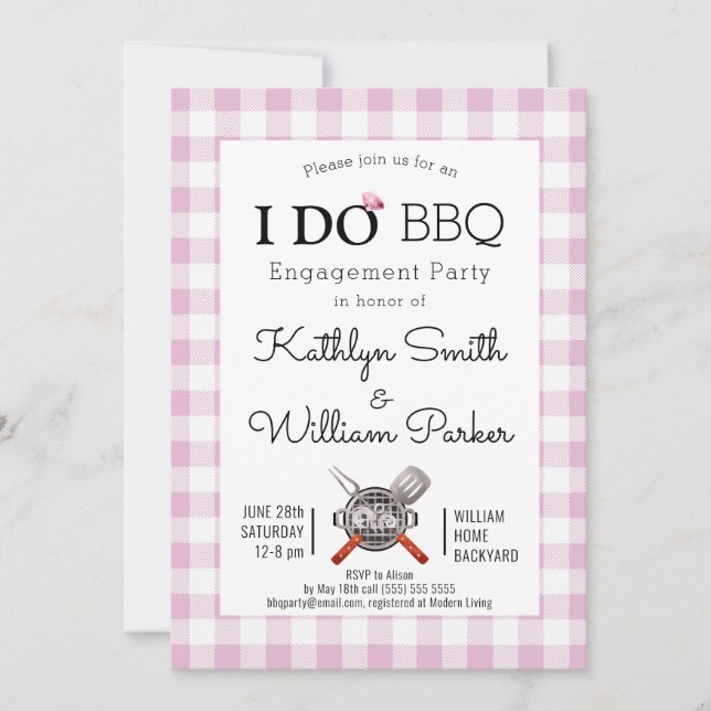 I DO Engagement Pink Plaid 4 Photo BBQ Party Invitation (Front)