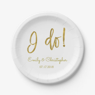I Do Gold Foil and White Wedding Plates