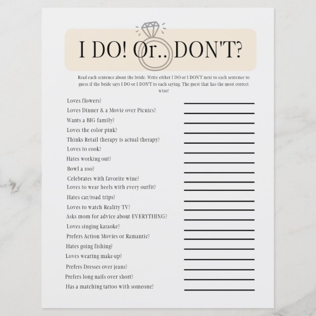 I Do or Don't Bridal Exciting Shower Game (Front)