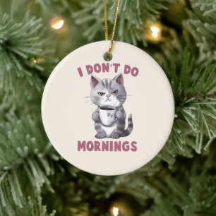 I Don’t Do Mornings – Grey Cat with Coffee Ceramic Ornament