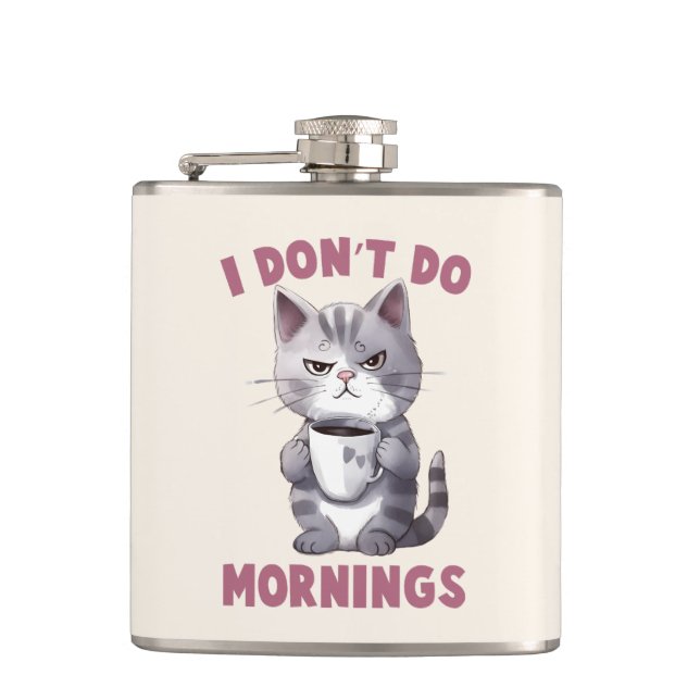 I Don’t Do Mornings – Grey Cat with Coffee Hip Flask (Front)