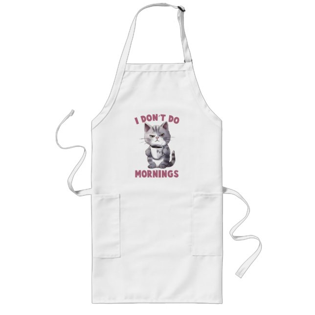 I Don’t Do Mornings – Grey Cat with Coffee Long Apron (Front)