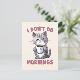 I Don’t Do Mornings – Grey Cat with Coffee Postcard