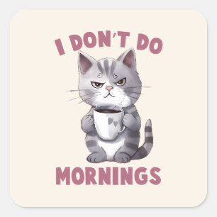 I Don’t Do Mornings – Grey Cat with Coffee Square Sticker