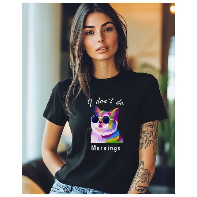 I Don't Do Mornings Sunglasses Cat Pop Art Modern T-Shirt (Colorful, modern artistic drawing of a cat wearing sunglasses and the words "I don't do mornings")