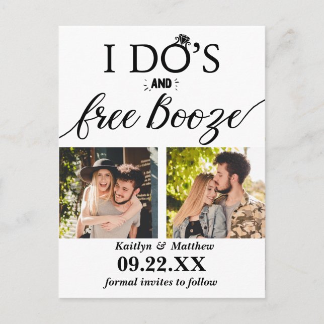 I Do's & Free Booze Modern Wedding Save The Date Announcement Postcard (Front)