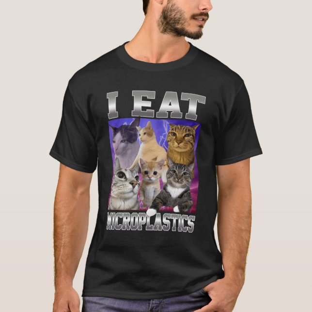 I Eat Microplastics Funny Cat Meme Bootleg Graphic T-Shirt (Front)