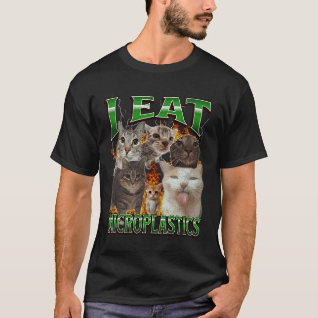 I Eat Microplastics Funny Cat Meme Bootleg Graphic T-Shirt (Front)