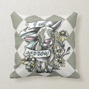 I Eat Sorrow: Happy Goat and Daisies (checks) Throw Pillow