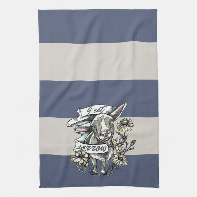 I Eat Sorrow: Happy Goat and Daisies (stripes) Kitchen Towel (Vertical)