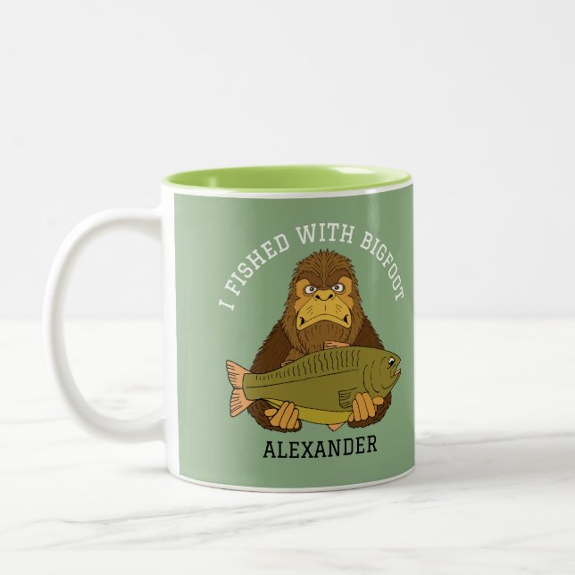 I Fished with Bigfoot Funny Fishing Camping Two-Tone Coffee Mug (Left)