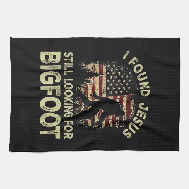 I Found Jesus Still Looking Bigfoot Funny Summer C Kitchen Towel (Horizontal)