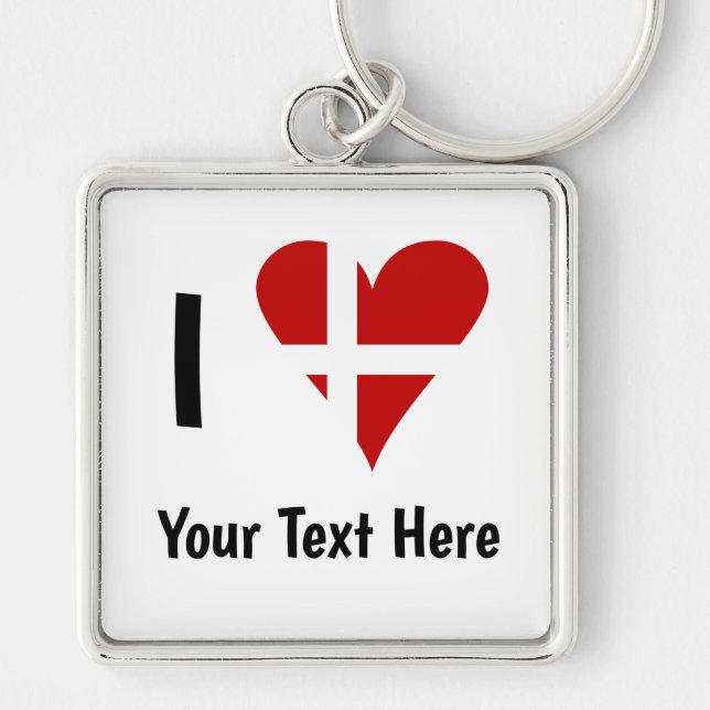 I (Funky Heart Shaped Danish Flag) Your Text Keychain (Front)