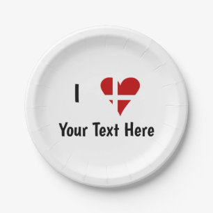 I (Funky Heart Shaped Danish Flag) Your Text Paper Plate