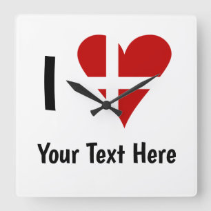 I (Funky Heart Shaped Danish Flag) Your Text Square Wall Clock