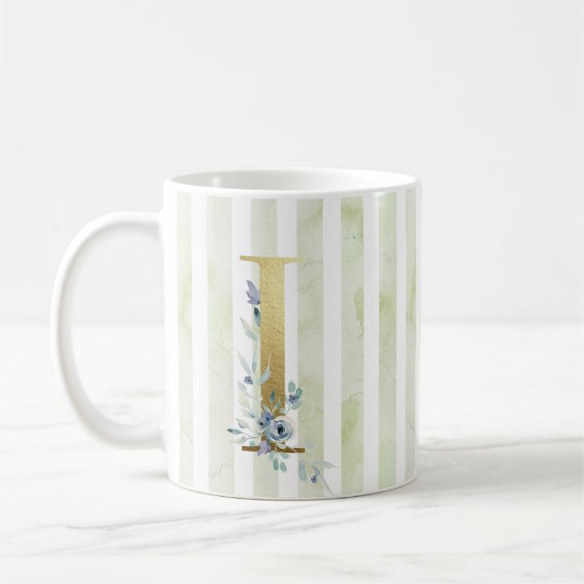 I  golden initial with on blue and white stripes coffee mug (Left)