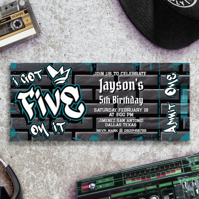 I Got Five on it - 5th Birthday Ticket Invitation (I Got Five on it - Boy 5th Birthday Ticket Invitation)