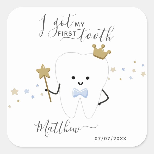 I got my first tooth Baby Boy Teething Date Square Square Sticker (Front)